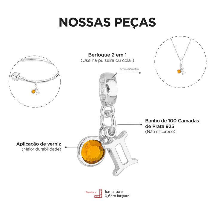 Berloque Signo Gêmeos prateado — detalhe da peça Work Semijoias