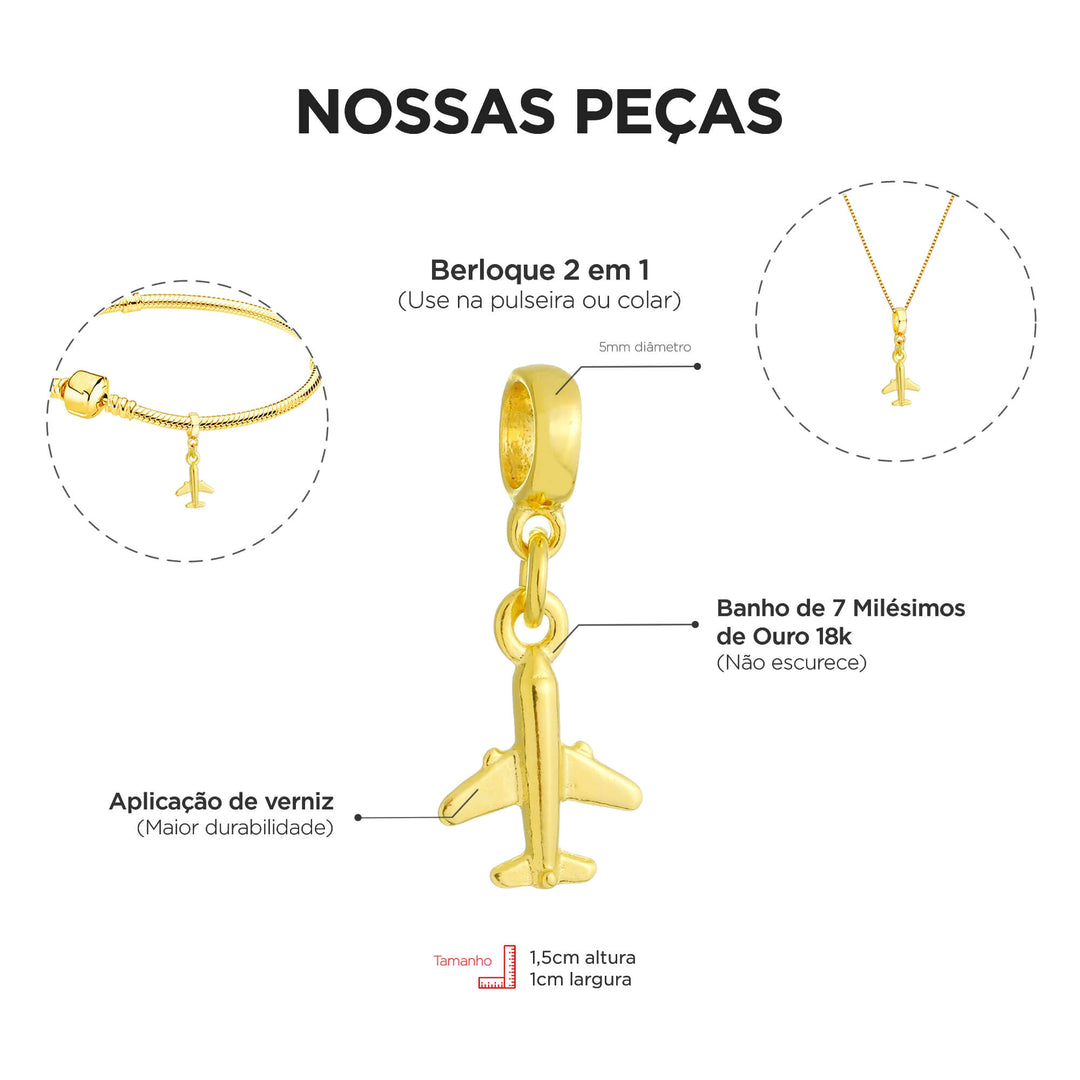 Berloque Avião Viagem dourado — detalhe da peça Work Semijoias
