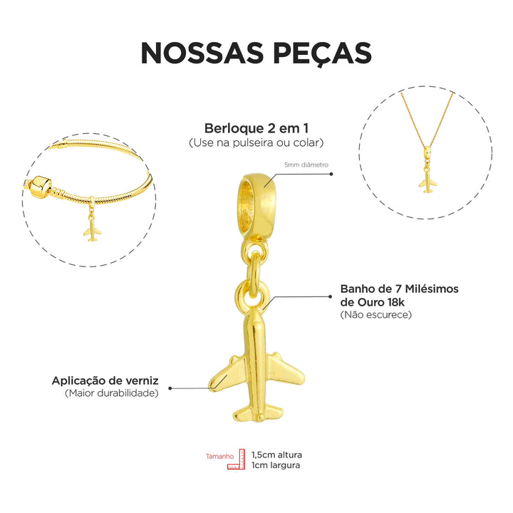 Berloque Avião Viagem dourado — detalhe da peça Work Semijoias