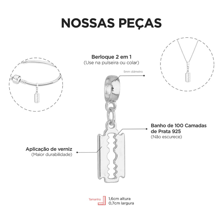 Berloque Lâmina de Barbear prateado — detalhe da peça Work Semijoias