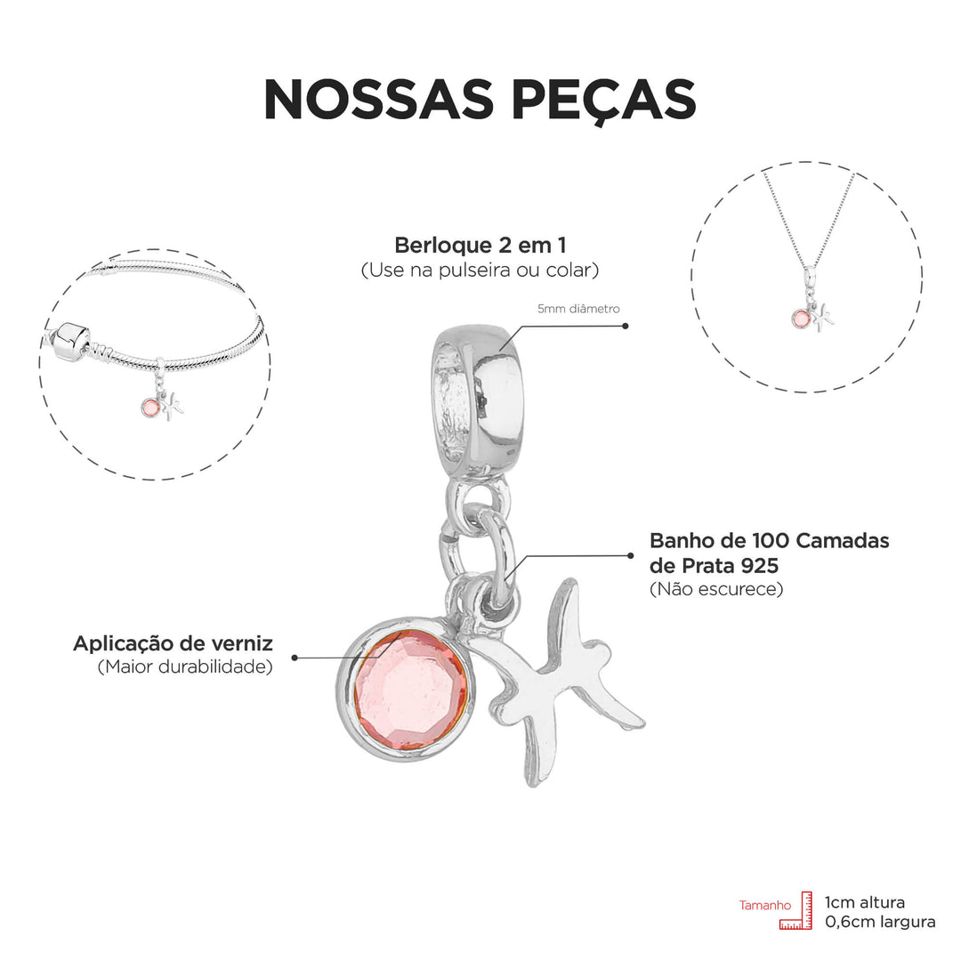 Berloque Signo Peixes prateado — detalhe da peça Work Semijoias