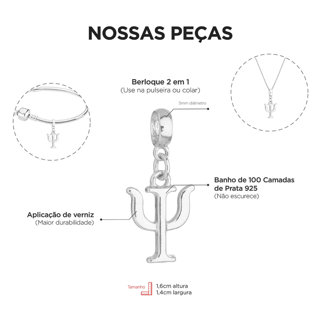 Berloque Símbolo da Psicologia prateado — detalhe da peça Work Semijoias