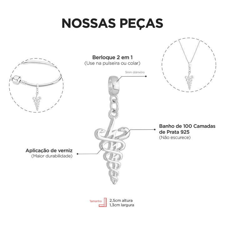 Berloque Símbolo da Fisioterapia prateado — detalhe da peça Work Semijoias