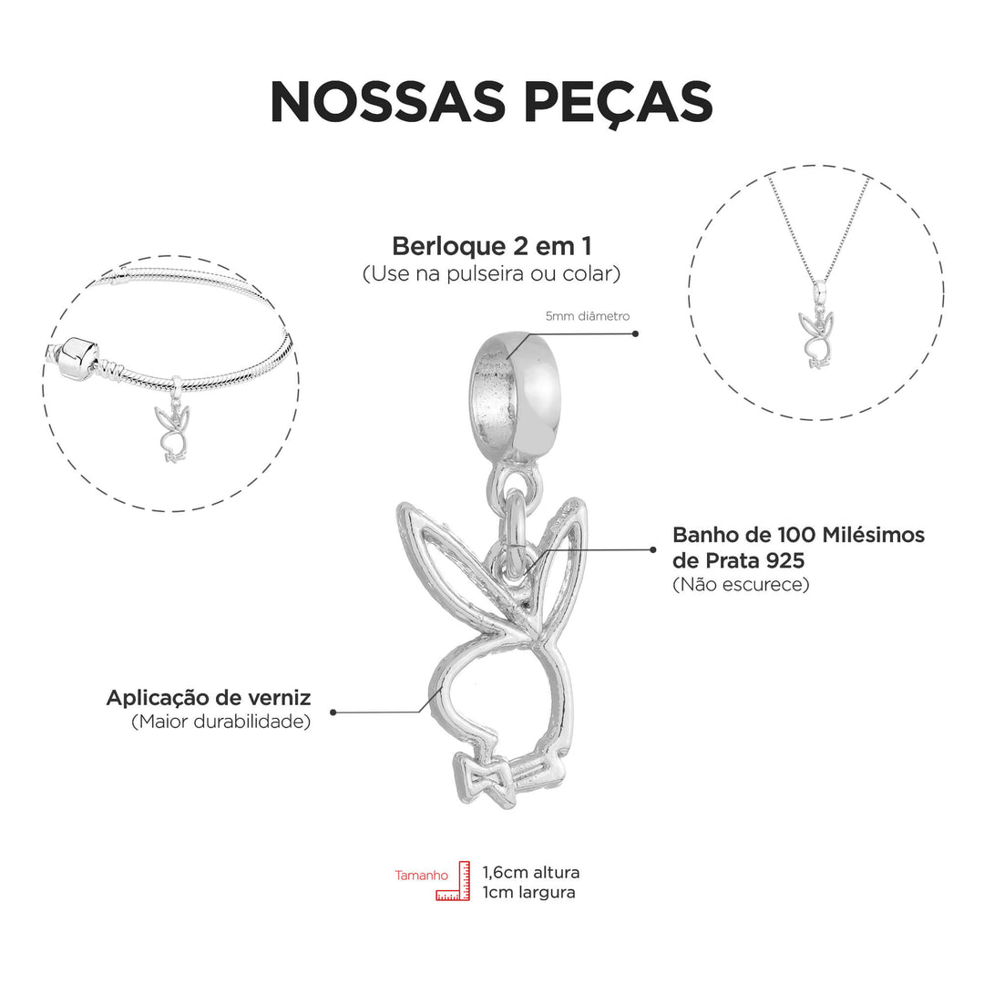 Berloque Coelho Playboy prateado — detalhe da peça Work Semijoias