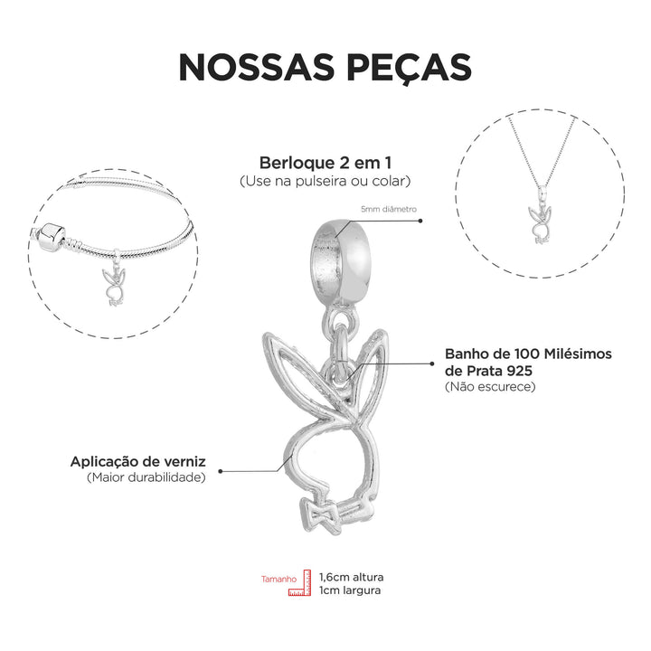 Berloque Coelho Playboy prateado — detalhe da peça Work Semijoias