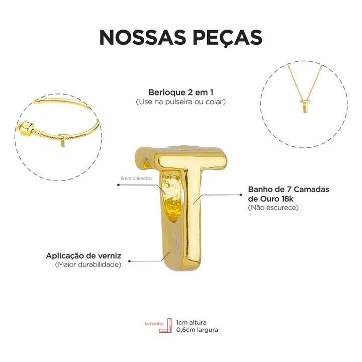 Colar Pingente Letra T Banhado a Ouro 18k