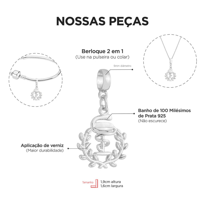 Berloque Símbolo Farmácia prateado — detalhe da peça Work Semijoias