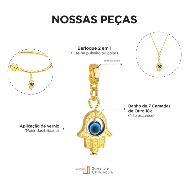 Pulseira Mão Hamsá Olho Grego Berloque Banhado a Ouro 18k