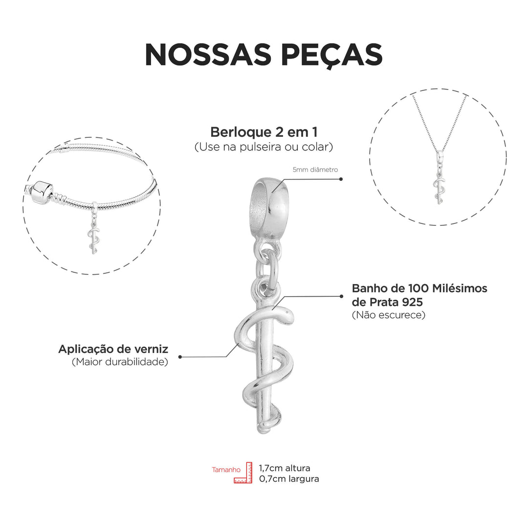 Berloque Símbolo da Medicina prateado — detalhe da peça Work Semijoias
