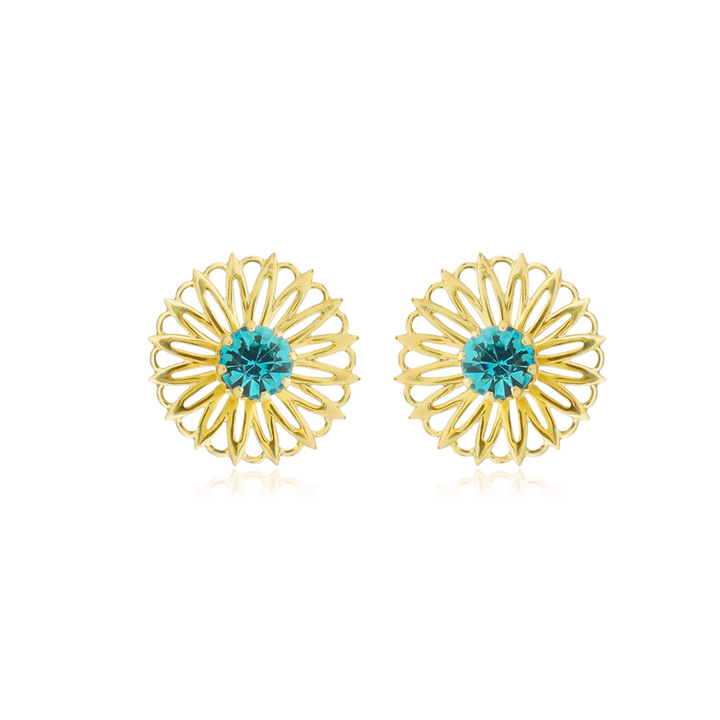 Brinco Flor com Pedra Zircônia Azul Clara dourado semijoia Work Semijoias