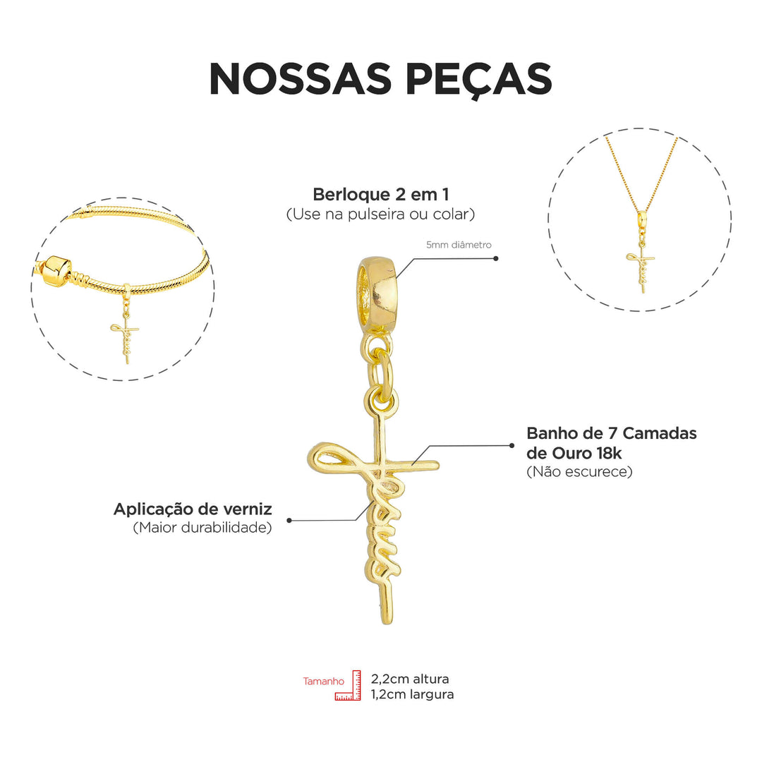 Berloque Jesus Cristo Cruz dourado — ângulo lateral semijoia Work Semijoias