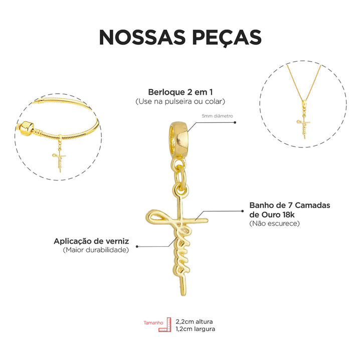 Berloque Jesus Cristo Cruz dourado — ângulo lateral semijoia Work Semijoias