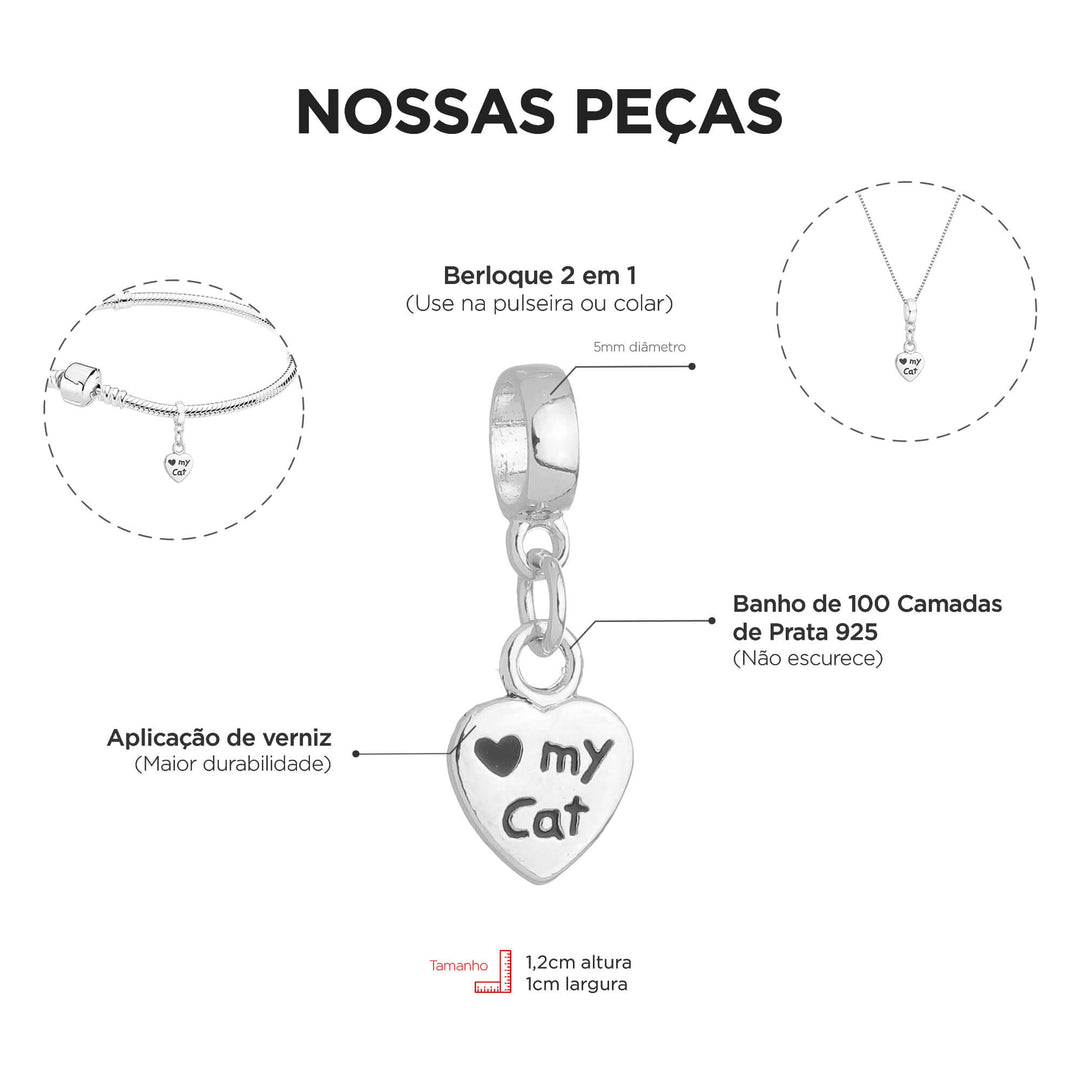 Berloque Coração Gato prateado — ângulo lateral semijoia Work Semijoias