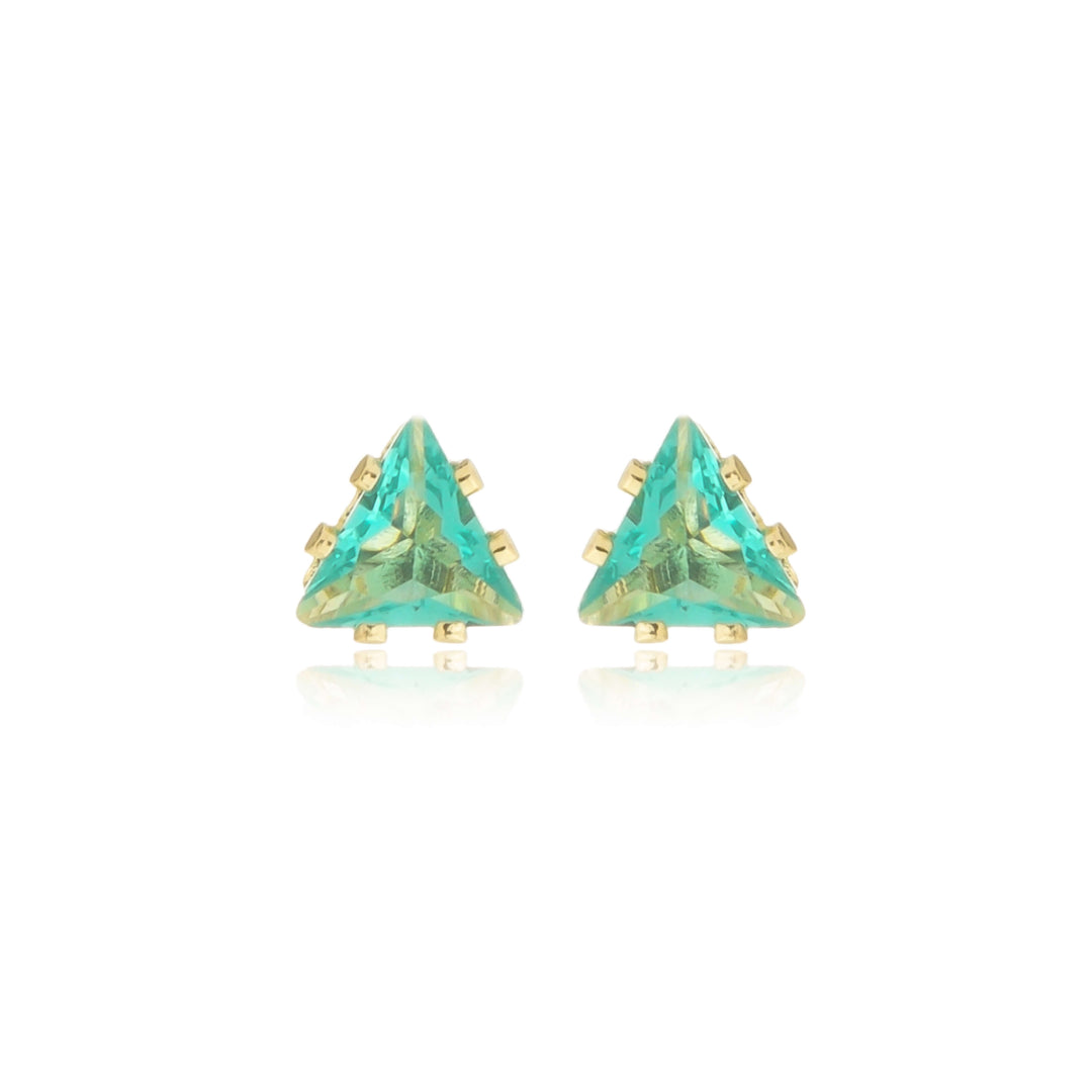 Brinco Ponto de Luz Triangular Verde Cravejado 2 dourado semijoia Work Semijoias