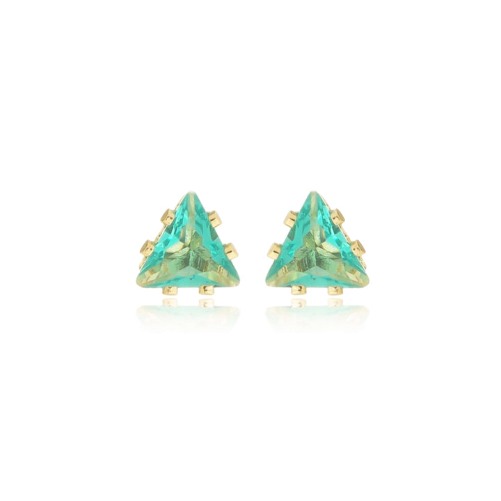 Brinco Ponto de Luz Triangular Verde Cravejado 2 dourado semijoia Work Semijoias
