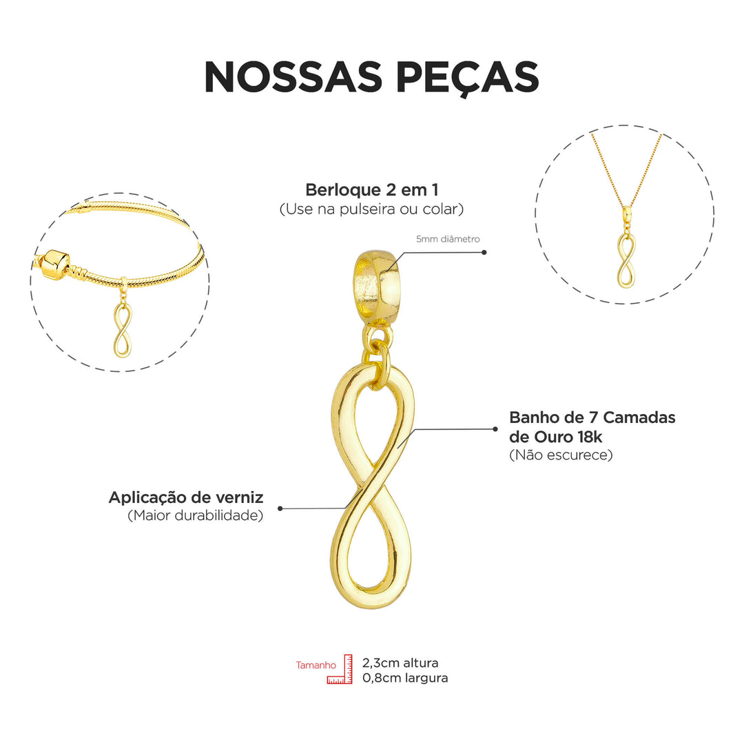 Berloque Símbolo Infinito dourado — ângulo lateral semijoia Work Semijoias