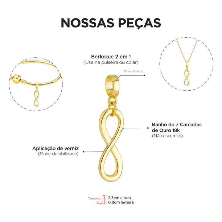 Berloque Símbolo Infinito dourado — ângulo lateral semijoia Work Semijoias