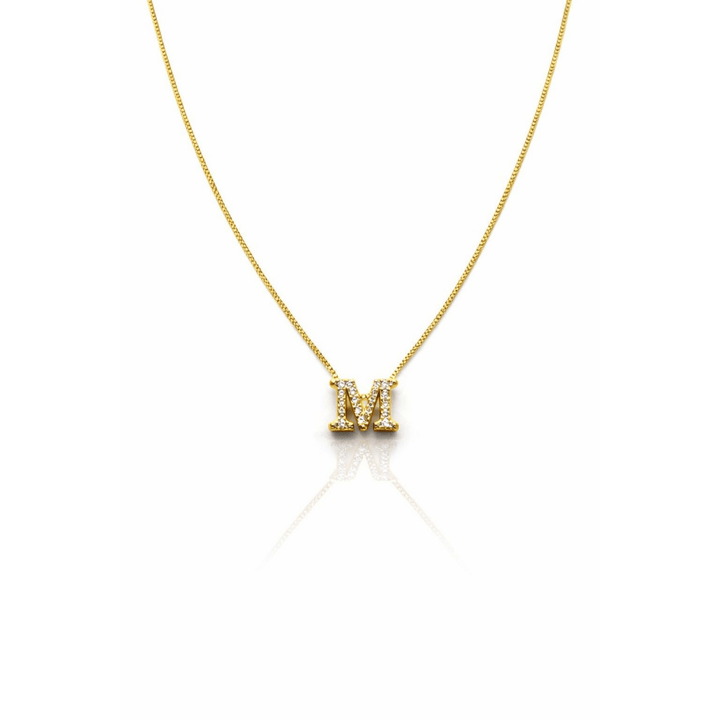 Colar Letra M Cravejado Zircônia dourado semijoia Work Semijoias