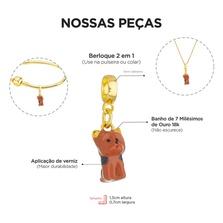 Berloque Yorkshire Terrier dourado — close-up argola Work Semijoias