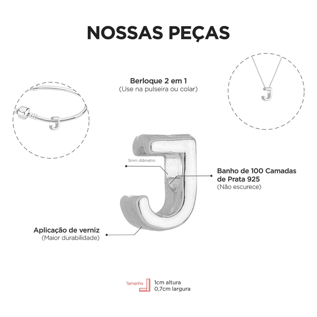 Berloque Letra J separador prateado — detalhe da peça Work Semijoias