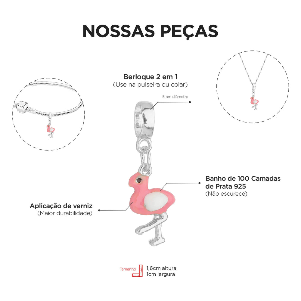Berloque Flamingo prateado — detalhe da peça Work Semijoias