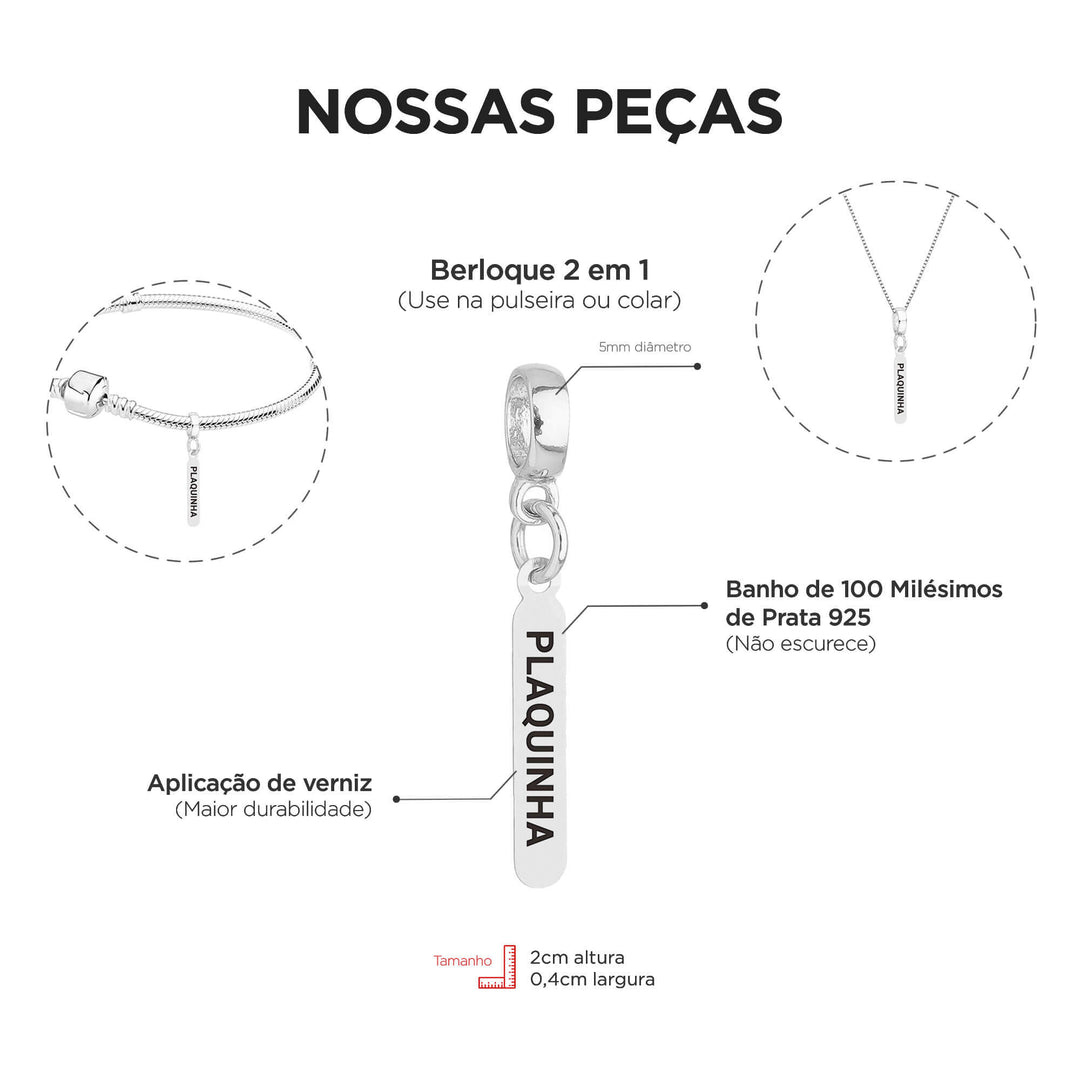 Berloque Plaquinha Estética prateado — detalhe da peça Work Semijoias
