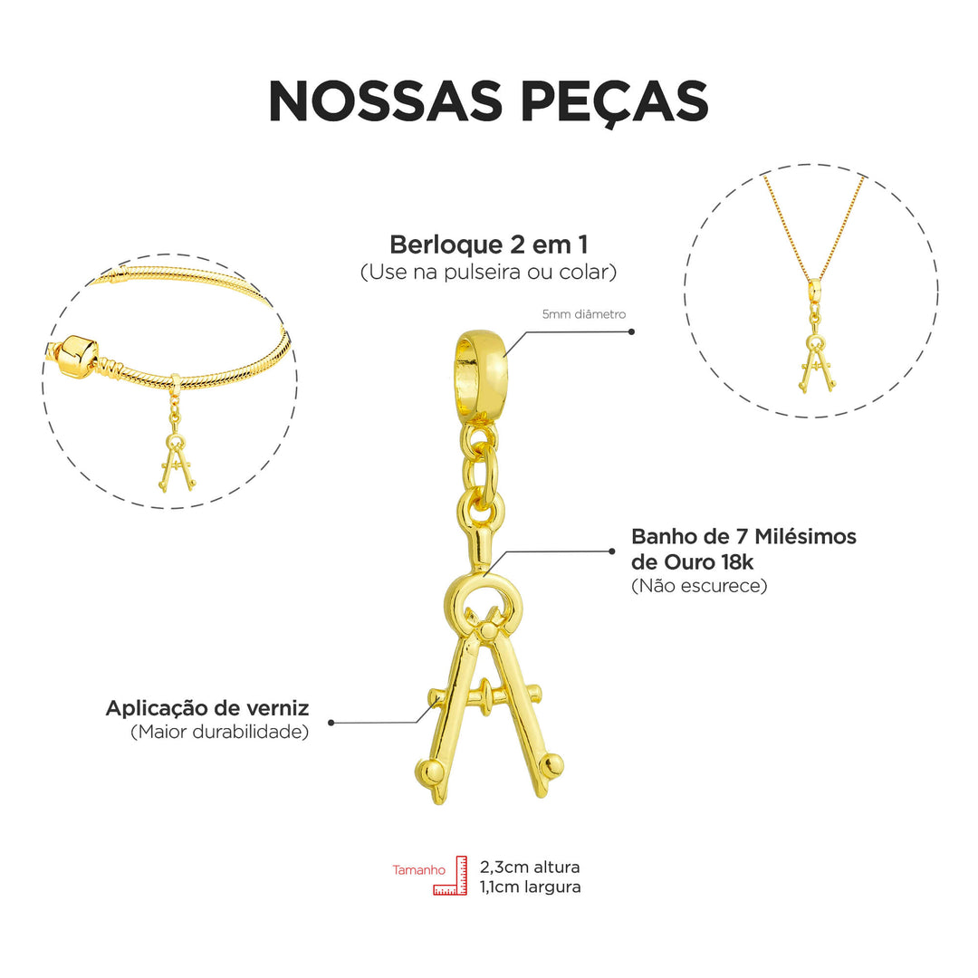 Berloque Compasso Matemática dourado — ângulo lateral semijoia Work Semijoias