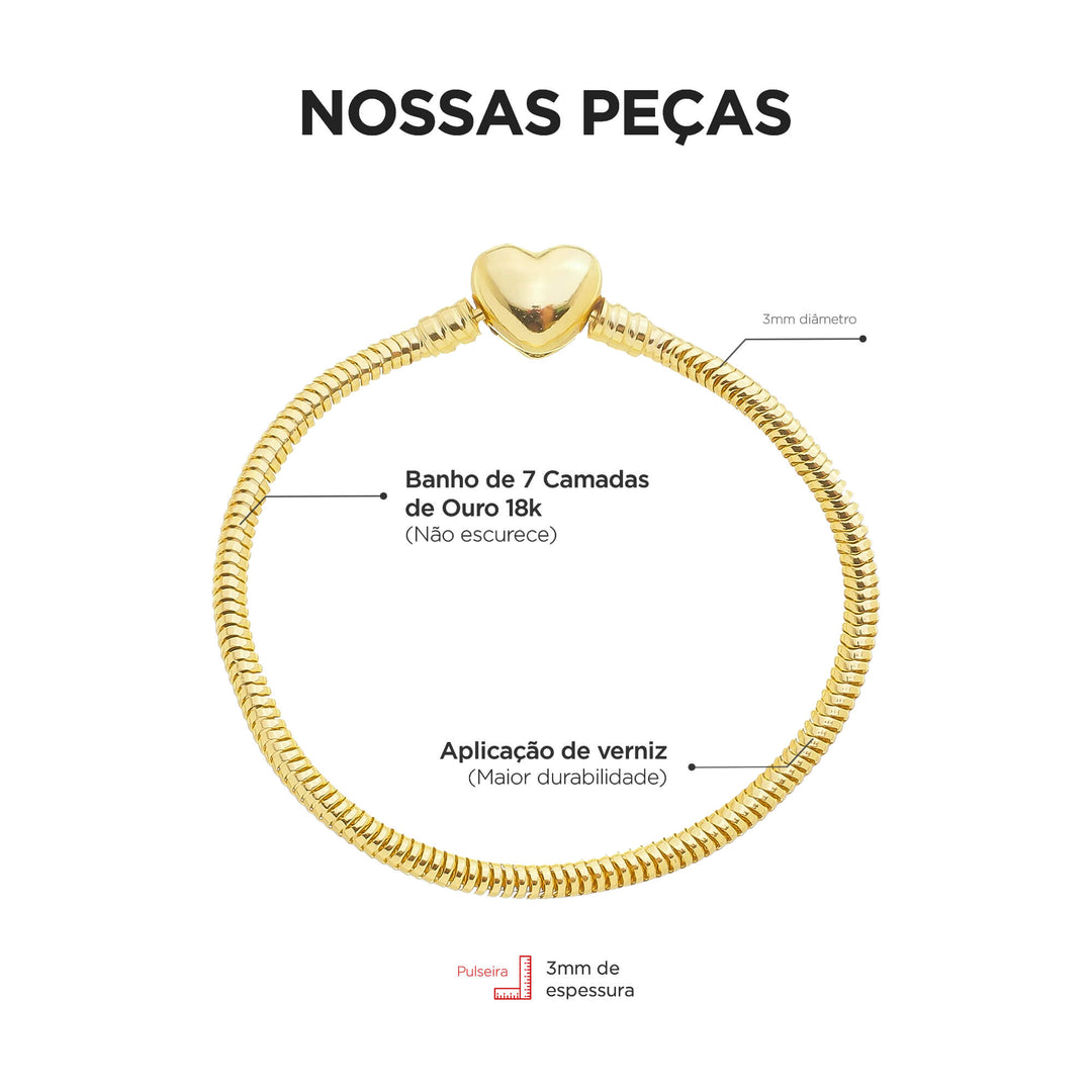 Pulseira Para Berloque Fecho Coração Banhado a Ouro 18k