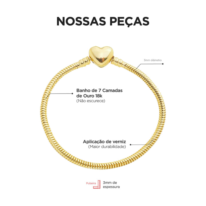 Pulseira Para Berloque Fecho Coração Banhado a Ouro 18k