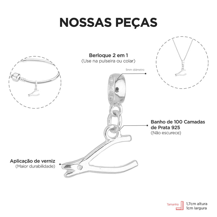 Berloque Alicate prateado — detalhe da peça Work Semijoias
