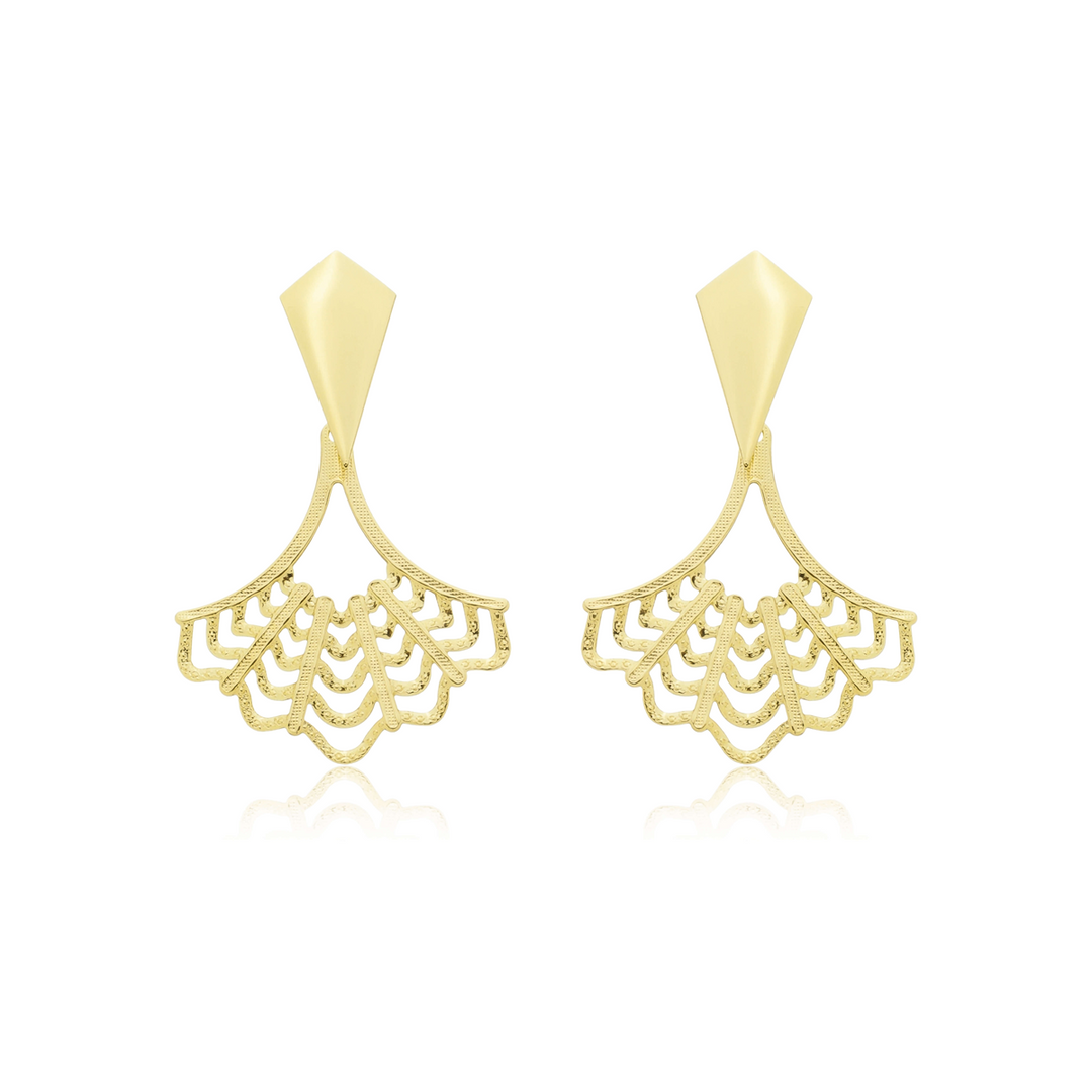Brinco Leque Detalhado dourado semijoia Work Semijoias
