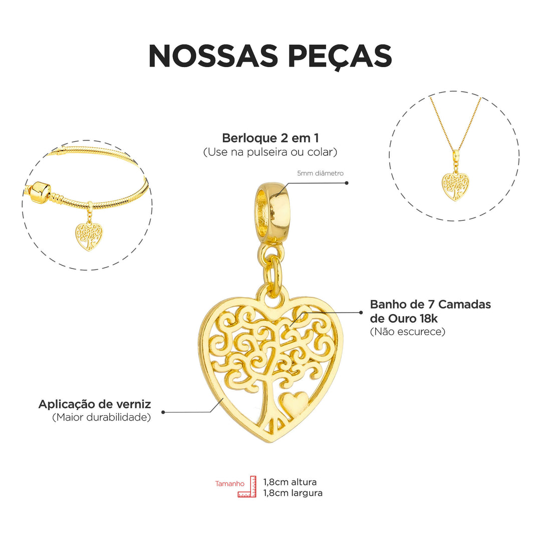 Colar Pingente Árvore da Vida Coração Banhado a Ouro 18k