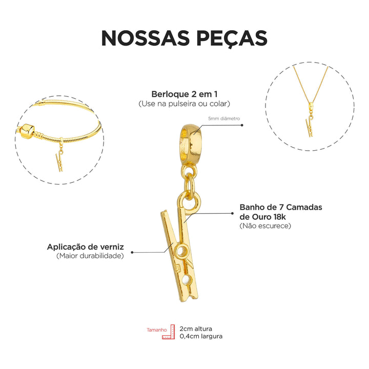 Berloque Pregador Roupa dourado — ângulo lateral semijoia Work Semijoias