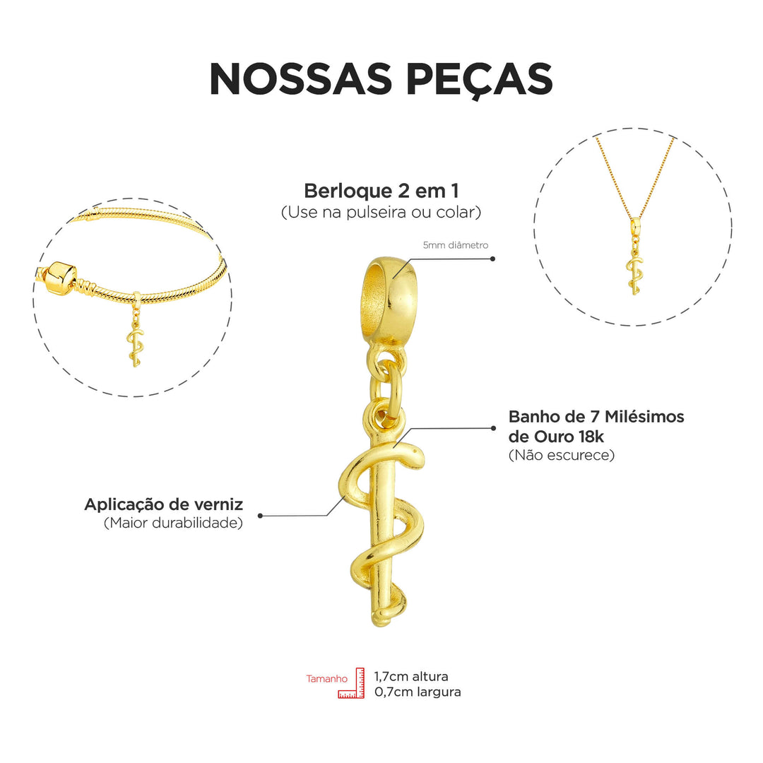 Berloque Símbolo Medicina dourado — ângulo lateral semijoia Work Semijoias
