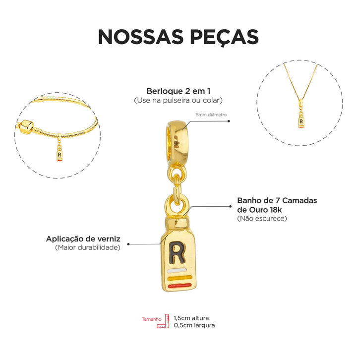 Berloque Remédio Médica dourado — ângulo lateral semijoia Work Semijoias