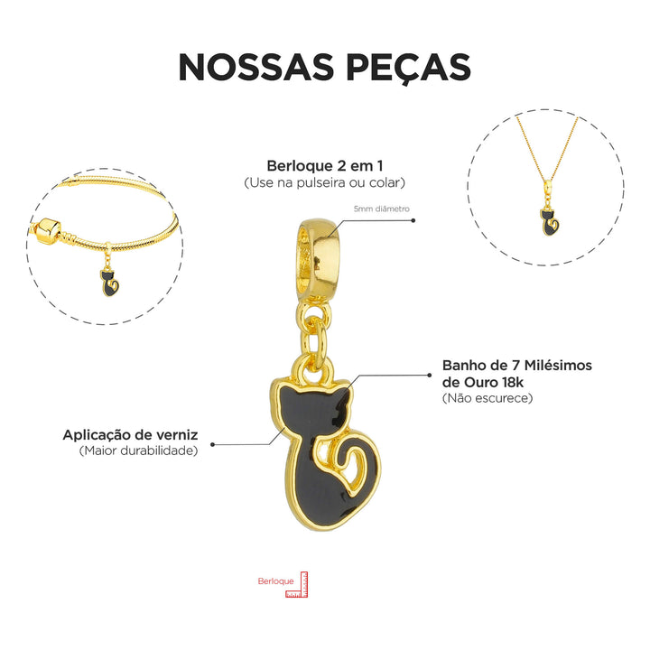 Berloque Gato com Resina dourado — ângulo lateral semijoia Work Semijoias