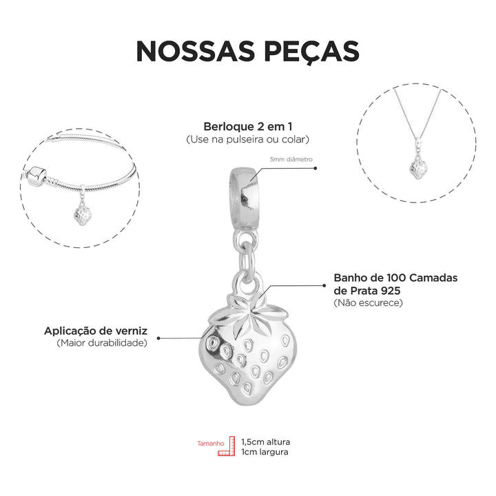 Berloque Morango Fruta prateado — detalhe da peça Work Semijoias