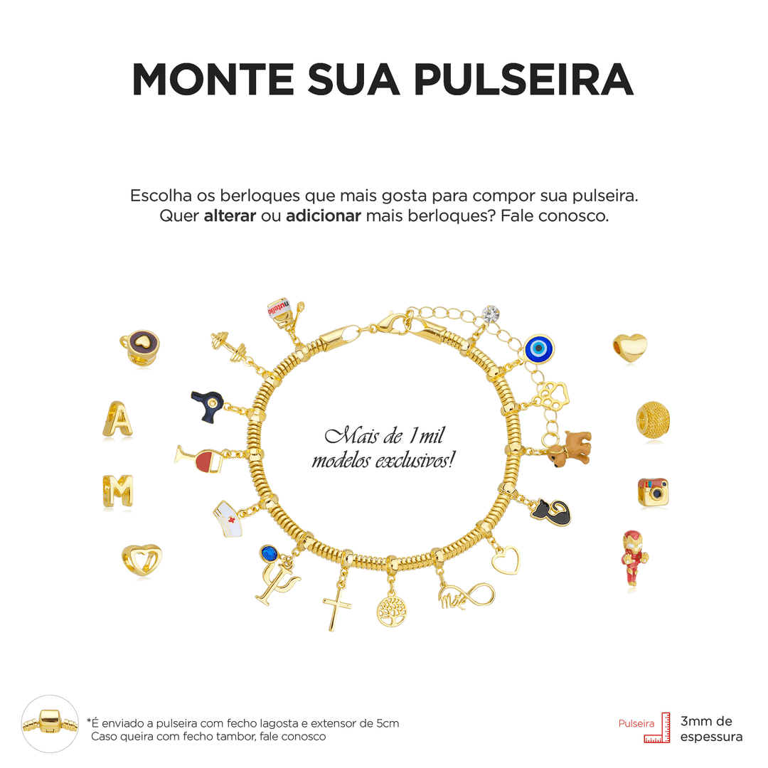 Pulseira Para Berloque Fecho Coração Banhado a Ouro 18k
