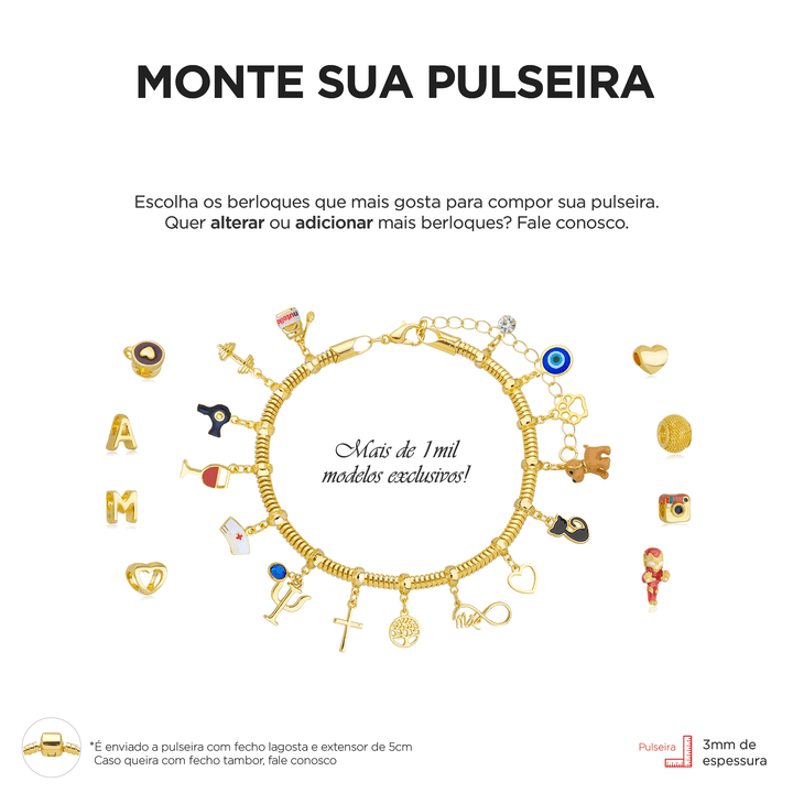 Pulseira Para Berloque Fecho Coração Banhado a Ouro 18k