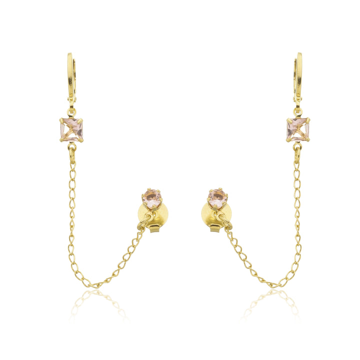 Brinco Corrente Piercing Fake com Pedras Zircônias Rosa dourado semijoia Work Semijoias