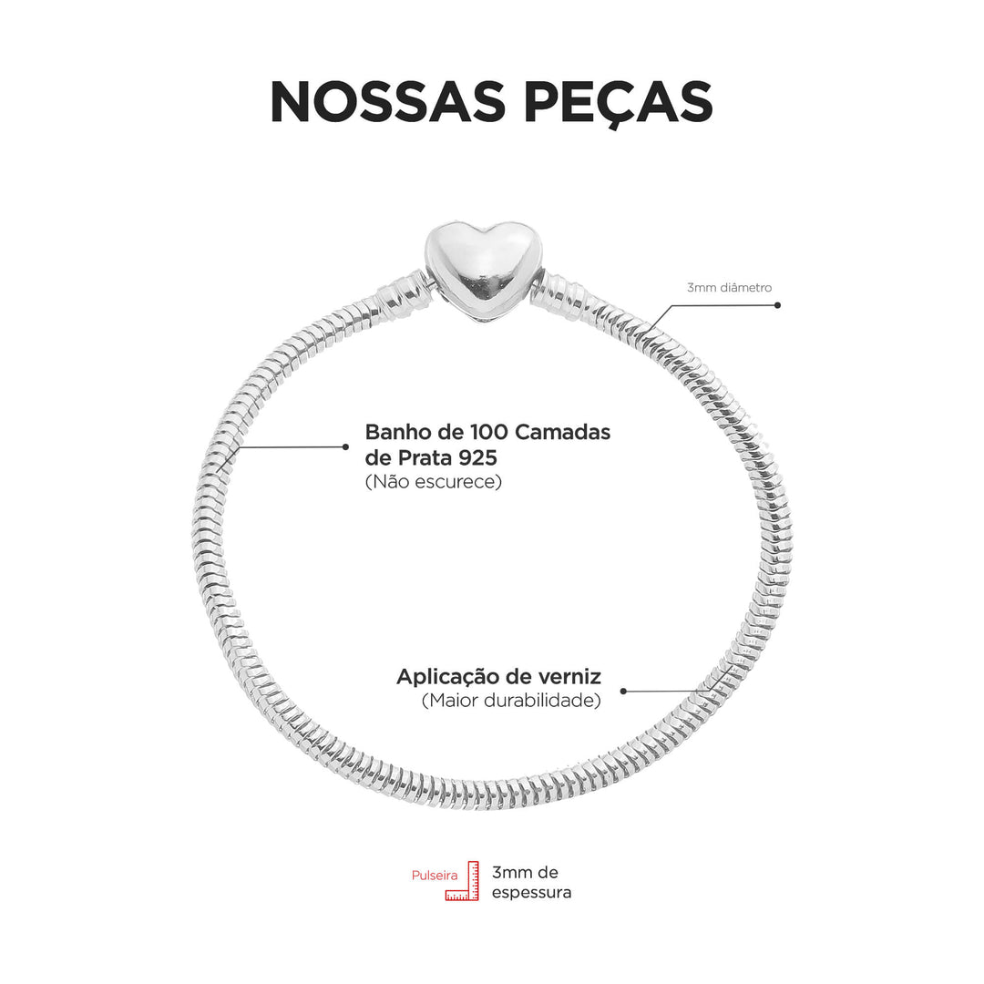 Pulseira Para Berloque Fecho Coração Banhado a Prata 925