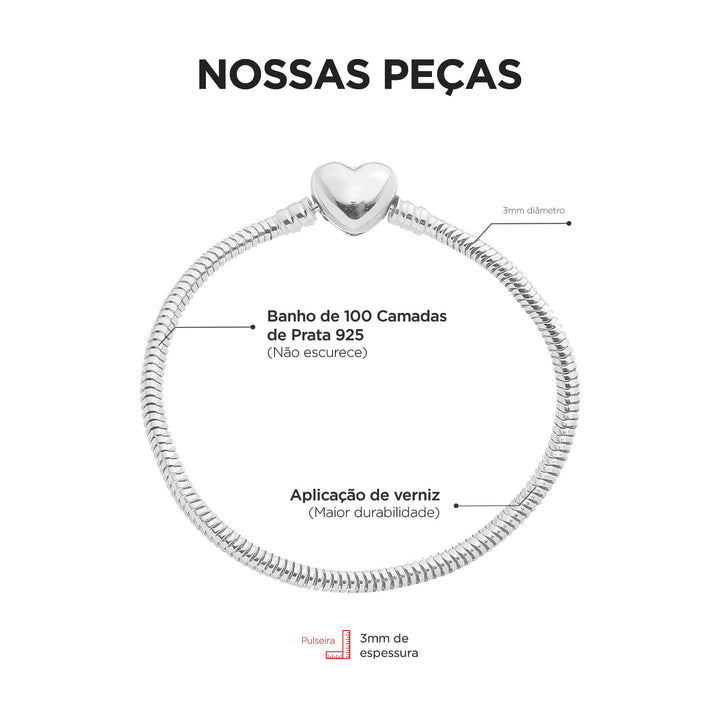 Pulseira Para Berloque Fecho Coração Banhado a Prata 925