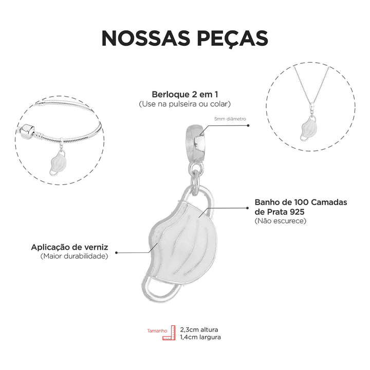 Berloque Máscara Enfermeira prateado — detalhe da peça Work Semijoias