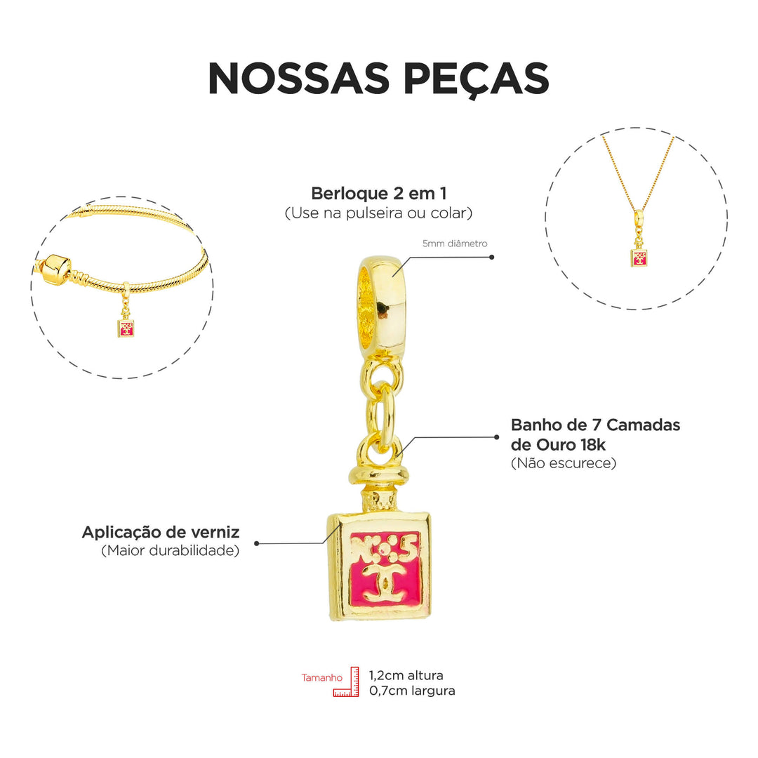 Berloque Perfume dourado — ângulo lateral semijoia Work Semijoias