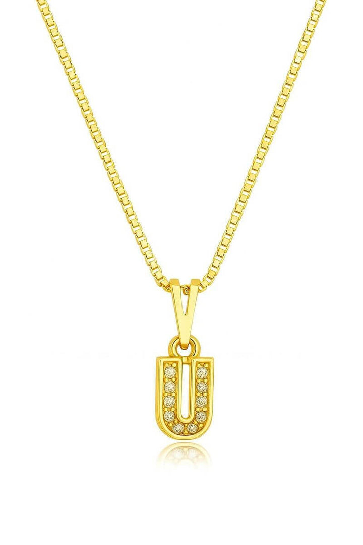 Colar Pingente Letra U Cravejado dourado semijoia Work Semijoias