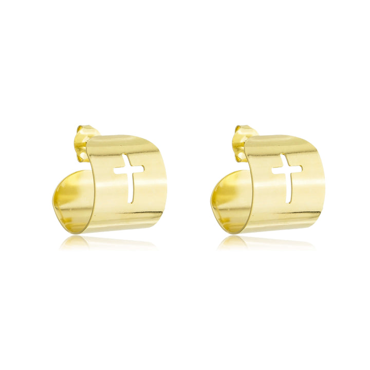 Brinco Meia Argola Cruz Crucifixo dourado semijoia Work Semijoias