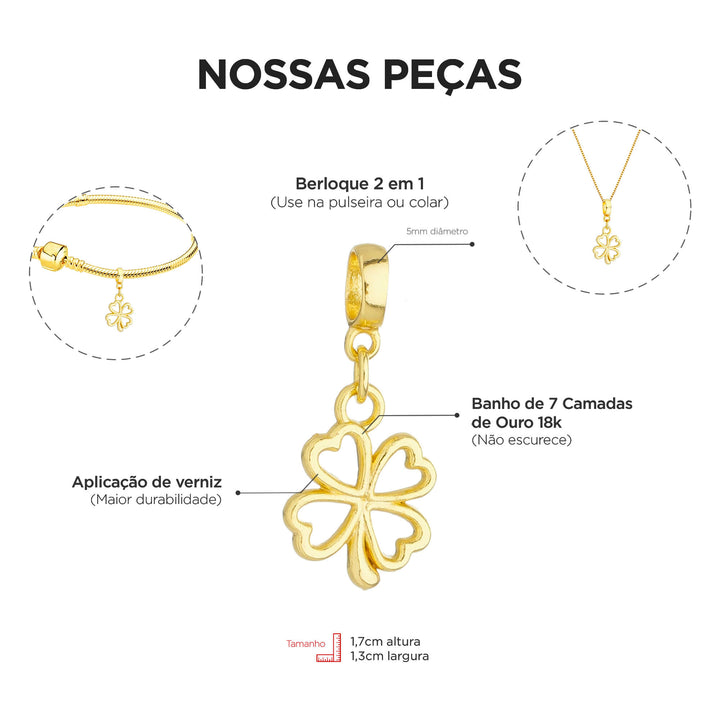 Colar Pingente Trevo de 4 Folhas Banhado a Ouro 18k