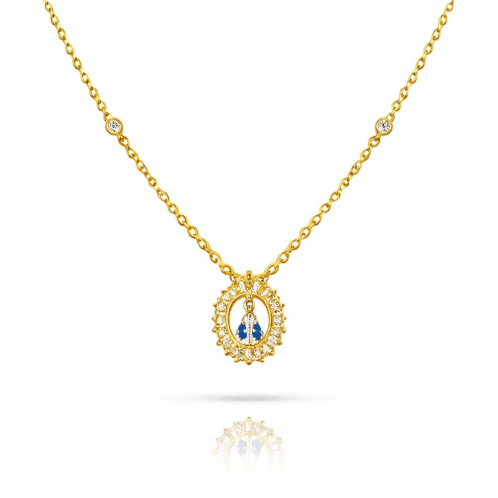 Colar Nossa Senhora Redondo Cravejado Zircônia dourado semijoia Work Semijoias