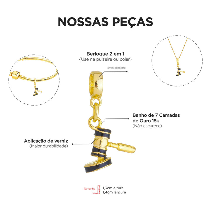 Berloque Martelo Direito dourado — detalhe da peça Work Semijoias