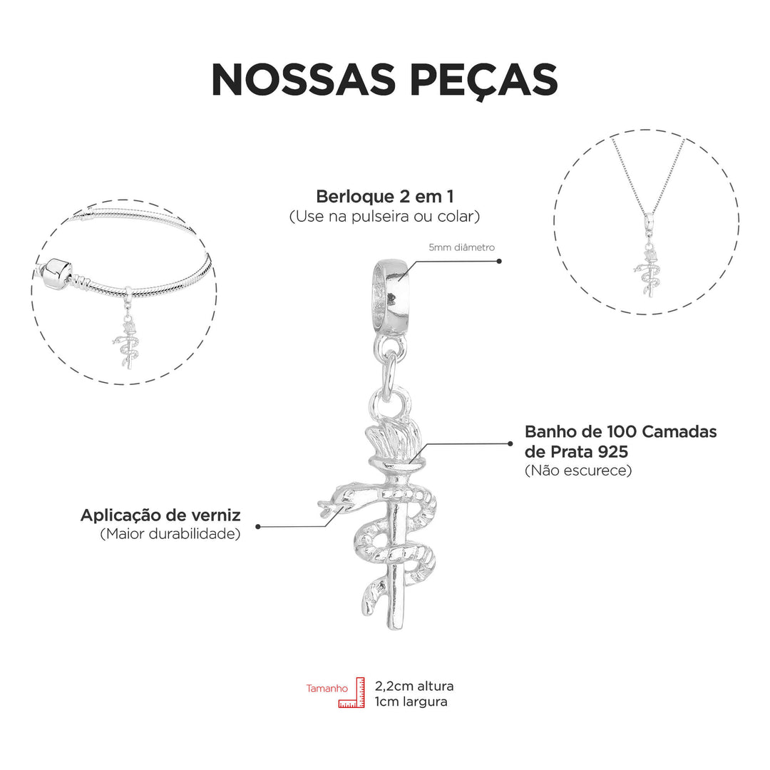 Berloque Símbolo da Odontologia prateado — detalhe da peça Work Semijoias